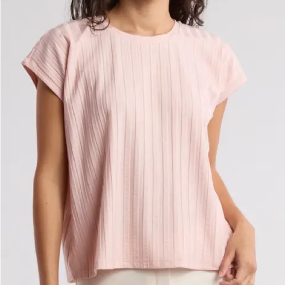 EILEEN FISHER XL Wide Rib Stretch Crew Neck Top in Powder Pink • Crewneck Tee